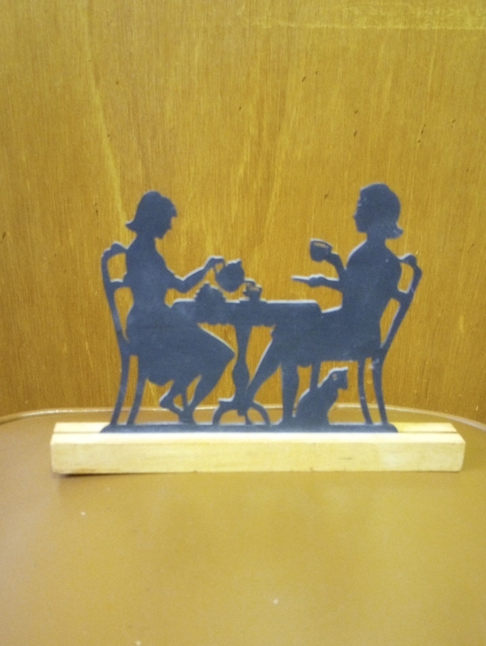 Classic Traditional Vintage Black Wooden Silhouette of Tea Party & Cat!